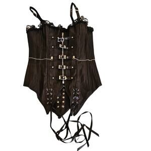 Black Corset Top XL Gothic Buckle Strap Lace Up Bustier Zipper Front Adjustable